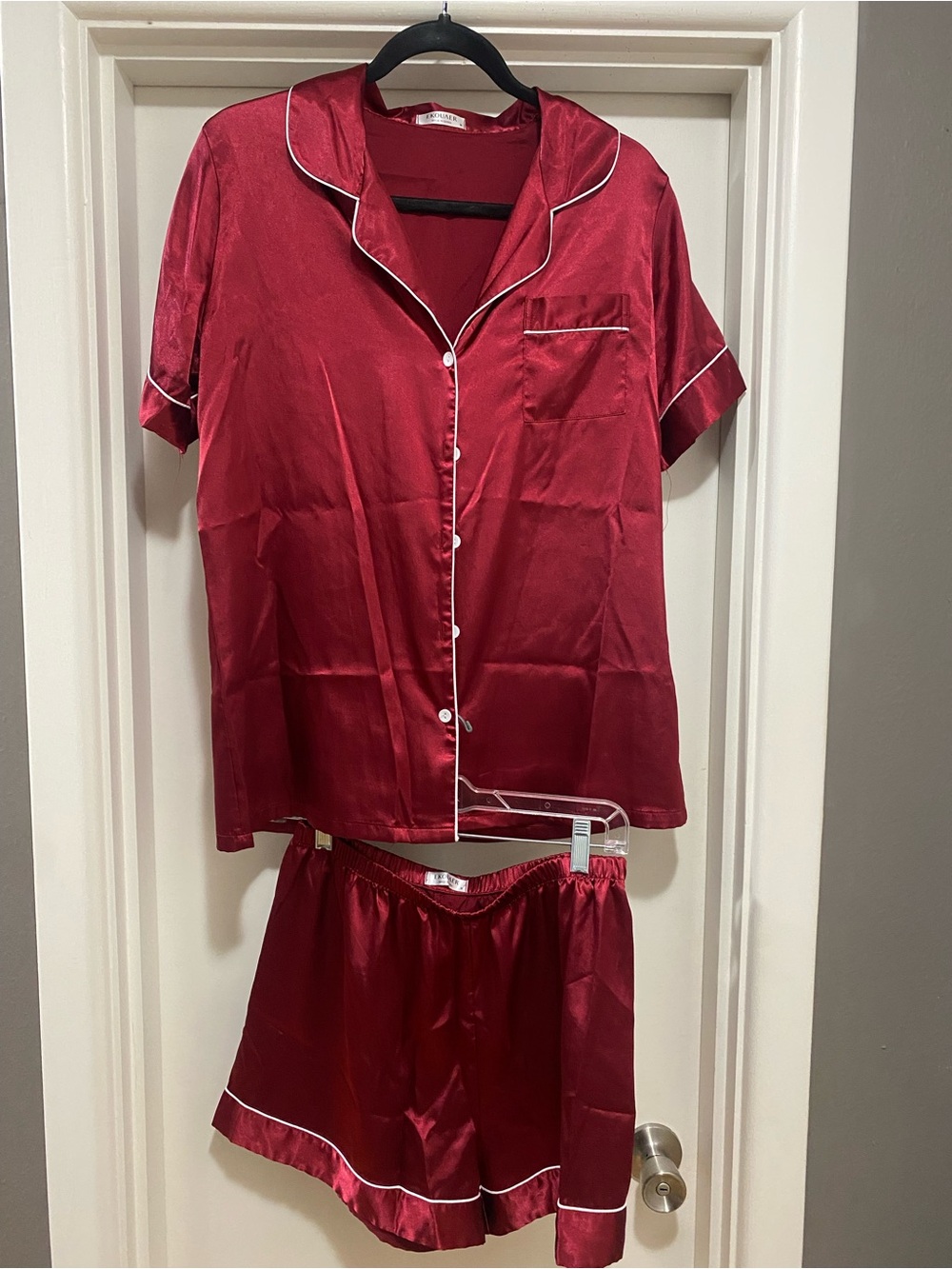 Women's Red Satin Short Sleeve Pajama Set with Contrast Piping